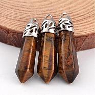 Bullet Natural Tiger Eye Pendants, with Platinum Tone Alloy Findings, 33~40x8~10mm, Hole: 3x2mm(G-E332-C11)