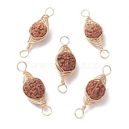 Natural Rudraksha Copper Wire Wrapped Connector Charms, Oval Links, Undyed, Golden, 25~33x10~11.5x9~10mm, Hole: 4mm(PALLOY-JF02067-01)