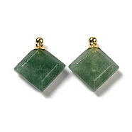 Natural Green Aventurine Perfume Bottle Pendants, Faceted Rhombus Charms with Golden Tone 304 Stainless Steel Findings, 31x27~27.5x8.5~10mm, Hole: 2mm(G-Z039-05G-02)