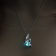 Alloy Mermaid Cage Pendant Necklace with Synthetic Luminaries Stone, Glow In The Dark Jewelry for Women, Cyan, 17.72 inch(45cm)(LUMI-PW0001-065P-06A)
