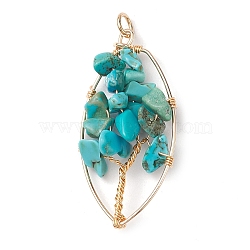 Natural Howlite Dyed Chip Pendants, Golden Plated Brass Leaf Charms, 35~37x17~19x4.5~6.5mm, Hole: 3.3mm(PALLOY-JF02596-05)