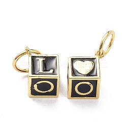 Brass Enamel Pendants, with Jump Ring, Long-Lasting Plated, Cube with Word LOVE, Real 18K Gold Plated, Black, 18x13x10mm, Jump Ring: 10x1mm, 7.5mm Inner Diameter(X-KK-L188-76G)