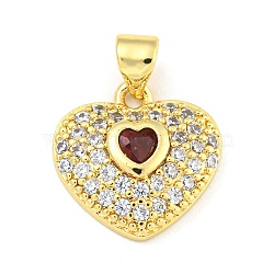 Heart Rack Plating Brass Micro Pave Cubic Zirconia Charms, with Glass, Cadmium Free & Lead Free, Real 18K Gold Plated, Dark Red, 15x15x3.5mm, Hole: 4x3.2mm(KK-Z053-17G-02)