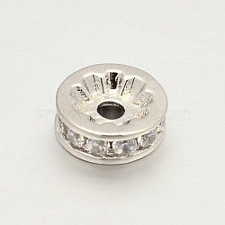 Brass Micro Pave Grade AAA Cubic Zirconia Bead Spacers, Flat Round, Cadmium Free & Nickel Free & Lead Free, Clear, Real Platinum Plated, 8x3mm, Hole: 1.7mm(KK-P130-034P-NR)