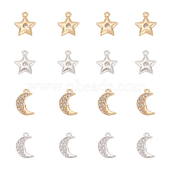 16Pcs 4 Style Brass Micro Pave Clear Cubic Zirconia Charms, Moon & Star, Platinum & Golden, 12x7.5x2mm and 11.5x10.5x2mm, 4pcs/style(KK-AR0002-76)