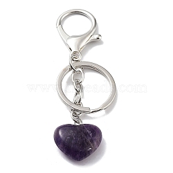 Natural Amethyst Keychain, with Platinum Plated Iron Split Key Rings, Heart, 9~9.2cm(KEYC-M022-04C)