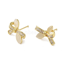 Brass Micro Pave Cubic Zirconia Earrings for Women, with Cat Eye, Bowknot, 13x15.5mm(EJEW-E306-01G-03)