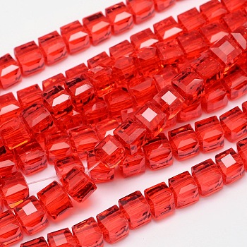 Faceted Cube Transparent Glass Beads Strands, Red, 5.5x5.5x5.5mm, Hole: 1mm, about 94pcs/strand, 20.4 inch