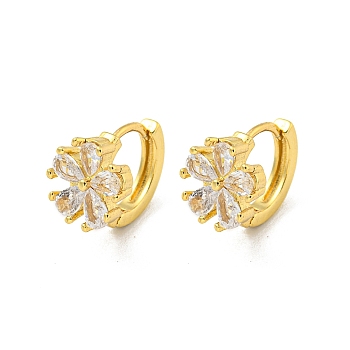 Brass Micro Pave Cubic Zirconia Hoop Earring, Real 18K Gold Plated, Flower, Clear, 13x11mm