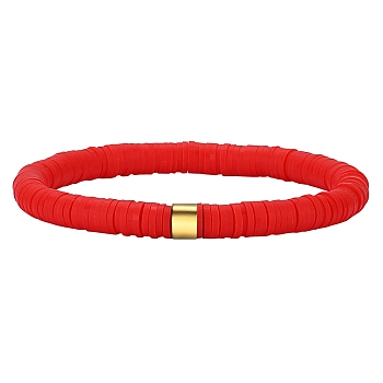 Polymer Clay Heishi Surfer Stretch Bracelet with 304 Stainless Steel Beaded, Preppy Bracelet, Dark Red, Inner Diameter: 2 inch(5.2cm)