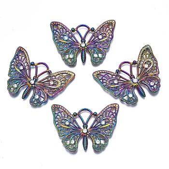 Rack Plating Rainbow Color Alloy Pendants, with Crystal Rhinestone, Cadmium Free & Nickel Free & Lead Free, Butterfly, 37x48x4.5mm, Hole: 7x8mm