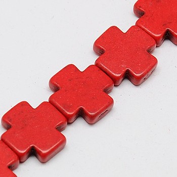 Synthetic Turquoise Beads Strands, Dyed, Greek Cross, Red, 35x35x6mm, Hole: 1mm, about 80pcs/1000g