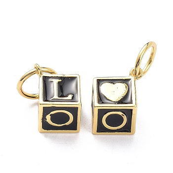 Brass Enamel Pendants, with Jump Ring, Long-Lasting Plated, Cube with Word LOVE, Real 18K Gold Plated, Black, 18x13x10mm, Jump Ring: 10x1mm, 7.5mm Inner Diameter