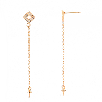 Brass Micro Pave Clear Cubic Zirconia Earring Findings, for Half Drilled Beads, Nickel Free, Rhombus, Real 18K Gold Plated, 65.5~67x9mm, Pin: 0.7mm, Pin: 0.8mm(for Half Drilled Beads)