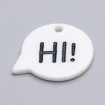 Resin Pendants, Chat Bubbles with Word Hi, White, 25.5x32x3mm, Hole: 3mm