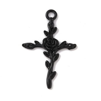 Tibetan Style Alloy Pendants, Cross with Rose Charm, Electrophoresis Black, 34.5x23x3mm, Hole: 2.5mm