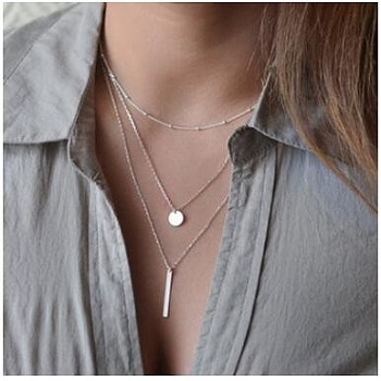 Alloy Pendant Layered Chain Necklaces for Women, Platinum, Flat Round, 17.72 inch(45cm)