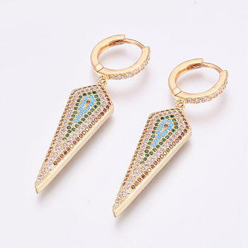 Brass Micro Pave Cubic Zirconia Dangle Hoop Earrings, Triangle, Colorful, Golden, 50mm, Pin: 1mm