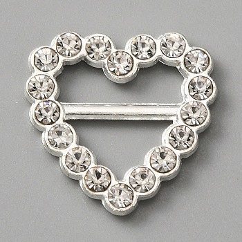 Alloy Crystal Rhinestone Shoe Decoration, Tri Glide Slide Buckles, Heart Pattern, 17.5x17.5x2.5mm, Hole: 8x5.5mm &11x2mm