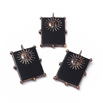 Natural Black Onyx Dyed Big Pendants, Rectangle Charms, with Red Copper Plated Tin Sun Findings, Cadmium Free & Lead Free, 44~53x35~38x5~6mm, Hole: 6mm