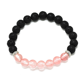 Cherry Quartz Glass Beads Stretch Bracelets, with Synthetic Lava Rock Beads and Alloy Beads, Round, Inner Diameter: 2-1/8 inch(5.5cm), Beads: 8.5mm