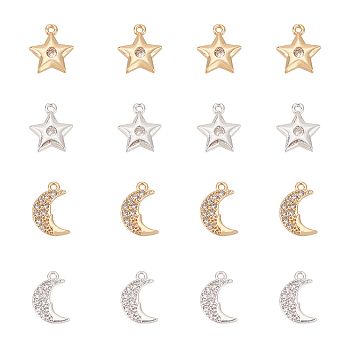 16Pcs 4 Style Brass Micro Pave Clear Cubic Zirconia Charms, Moon & Star, Platinum & Golden, 12x7.5x2mm and 11.5x10.5x2mm, 4pcs/style