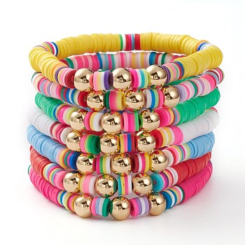 7Pcs Rainbow Polymer Clay Heishi Beads Stretch Bracelets Set, Stackable Bracelets, with Golden Plated Brass Round Beads, Mixed Color, Inner Diameter: 2-1/8 inch(5.4cm)