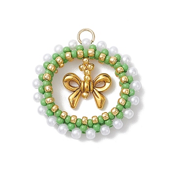 Glass Seed Beaded Christmas Wreath with Bowknot Pendants, with Tibetan Style Alloy Bead & 304 Stainless Steel Open Jump Rings, Lime Green, 28x29x6mm, Hole: 3mm