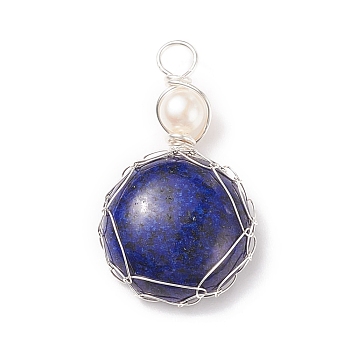 Natural Dyed Lapis Lazuli Pendants, with Silver Tone Copper Wire and Natural Cultured Freshwater Pearl, Flat Round Charm, 34~37x21~22x7~8mm, Hole: 4~4.5mm
