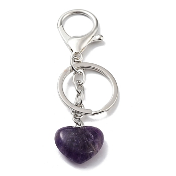 Natural Amethyst Keychain, with Platinum Plated Iron Split Key Rings, Heart, 9~9.2cm