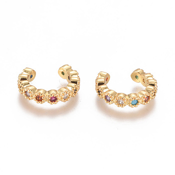 Golden Plated Brass Micro Pave Cubic Zirconia Cuff Earrings, Long-Lasting Plated, Colorful, 14x12.5x3mm