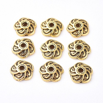 Tibetan Style Caps, Lead Free & Cadmium Free & Nickel Free, Flower, Antique Golden Color, 9x9x2.5mm, Hole: 2mm