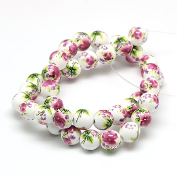 Handmade Flower Printed Porcelain Ceramic Beads Strands, Round, Old Rose, 10mm, Hole: 2mm, about 35pcs/strand, 13.5 inch