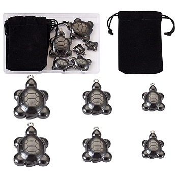 Pandahall 6Pcs 3 Styles Non-magnetic Hematite Pendants, Tortoise Charms, with Platinum Tone Iron Loops and 6Pcs Velvet Cloth Drawstring Bags, Black, Pendant: 21~40x13.5~30.5x7~10.5mm, Hole: 2~2.5mm, 2pcs/style