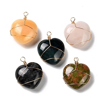 Natural Mixed Stone Pendants, with Real 18K Gold Plated Eco-Friendly Copper Wire, Heart, 37x31x15mm, Hole: 4mm