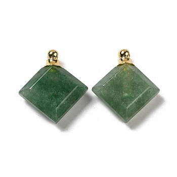 Natural Green Aventurine Perfume Bottle Pendants, Faceted Rhombus Charms with Golden Tone 304 Stainless Steel Findings, 31x27~27.5x8.5~10mm, Hole: 2mm
