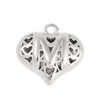 Hollow Brass Pendants for Valentine's Day, Heart with Letter, Real Platinum Plated, Letter M, 25x26x13mm, Hole: 2.5mm