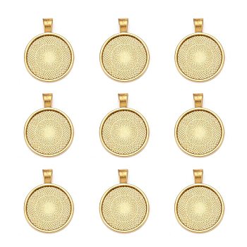 Tibetan Style Alloy Pendant Cabochon Settings, Plain Edge Bezel Cups, Cadmium Free & Lead Free, Flat Round, Antique Golden, Tray: 25mm, 36x28x3mm, Hole: 4mm, about 195pcs/1000g