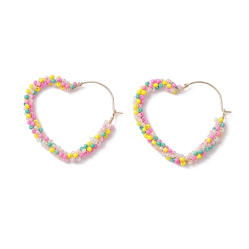 Colorful Glass Seed Beads Hoop Earrings, Heart Brass Earring for Women, Golden, 40x5mm
