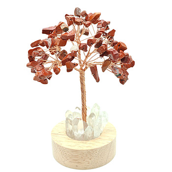 Natural Red Jasper Chips Tree Night Light Lamp Decorations, Wooden Base with Copper Wire Feng Shui Energy Stone Gift for Home Desktop Decoration, Lamp with USB Cable, 120mm