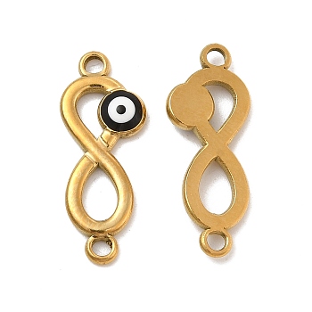 201 Stainless Steel Enamel Connector Charms, Real 24K Gold Plated, Infinity Links with Evil Eye, Black, 24x9x2.5mm, Hole: 1.8mm