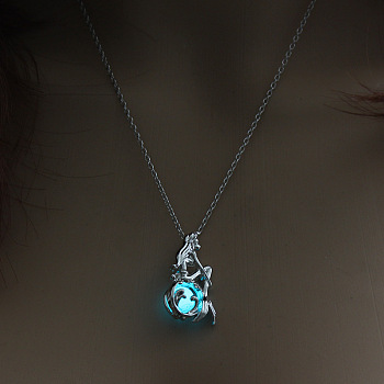 Alloy Mermaid Cage Pendant Necklace with Synthetic Luminaries Stone, Glow In The Dark Jewelry for Women, Cyan, 17.72 inch(45cm)
