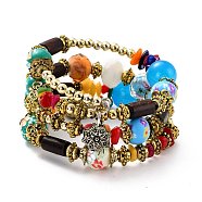 Boho Multi-strand Irregular Synthetic Turquoise Beads Wrap Bracelet, Flower Charm Bracelet, Wood & Round Flower Beads Bracelet, Ethnic Jewelry for Women, Antique Golden, Colorful, Inner Diameter: 1-7/8 inch(4.9cm)(BJEW-G635-02A)