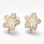 Brass Stud Earring Findings, with Cubic Zirconia and Loop, Nickel Free, Real 18K Gold Plated, Flower, Clear, 15.5x15mm, Hole: 1.8mm, Pin: 0.8mm(KK-T038-490G)
