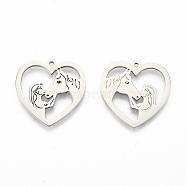 201 Stainless Steel Pendants, Heart with Girl & Horse, Stainless Steel Color, 24.5x25x1.5mm, Hole: 1.5mm(STAS-N098-118P)