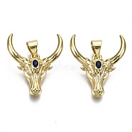Brass Micro Pave Cubic Zirconia Pendants, with Brass Snap on Bails, Nickel Free, Cow, Prussian Blue, Real 16K Gold Plated, 21x18.5x5.5mm, Hole: 5x3mm(ZIRC-N039-100-NF)