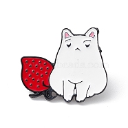 Cute Cat Enamel Pin, Electrophoresis Black Alloy Animal Brooch for Backpack Clothes, Strawberry Pattern, 25x28.5x1.5mm, Pin: 1mm(JEWB-P015-F04)