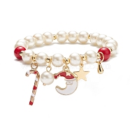 Natural Mashan Jade & Glass Pearl Beaded Stretch Bracelet, Christmas Candy Cane & Santa Claus & Star Charm Bracelet for Women, Red, Inner Diameter: 2 inch(5.2cm)(BJEW-TA00143)