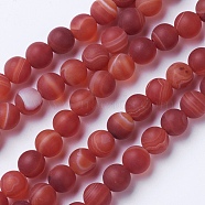 Natural Grade A Striped Agate/Banded Agate Beads Strands, Dyed & Heated, Frosted, Round, Brown, 6mm, Hole: 1mm, about 62pcs/strand, 14.9 inch(38cm)(G-E478-02-6mm)