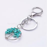 Synthetic Turquoise Keychain, with Alloy Lobster Clasps, Iron Ring and Brass Findings, Flat Round with Tree, Platinum, 95mm(KEYC-P032-C12)